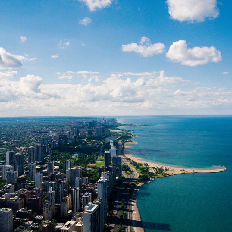 Chicago Downtown Aerial View with Skyscrapers and City Skyline at Michigan Lakefront