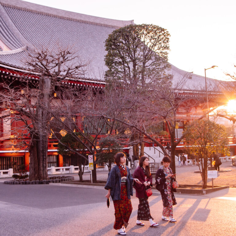 Japanese Girls Walking at Asakusas Sensoji Temple in Tokyo, Japan
