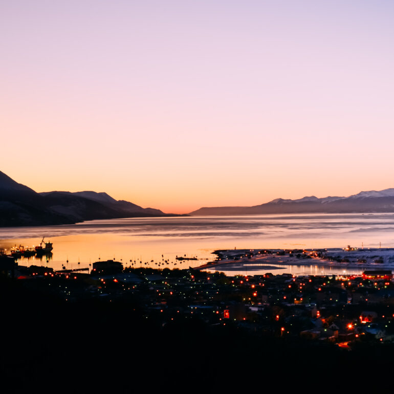 Tierra del Fuego Sunrise over City skyline at Ushuaia Argentina